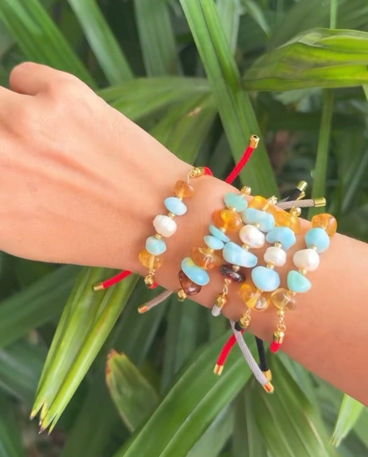 Pulsera cordón Larimar y ámbar